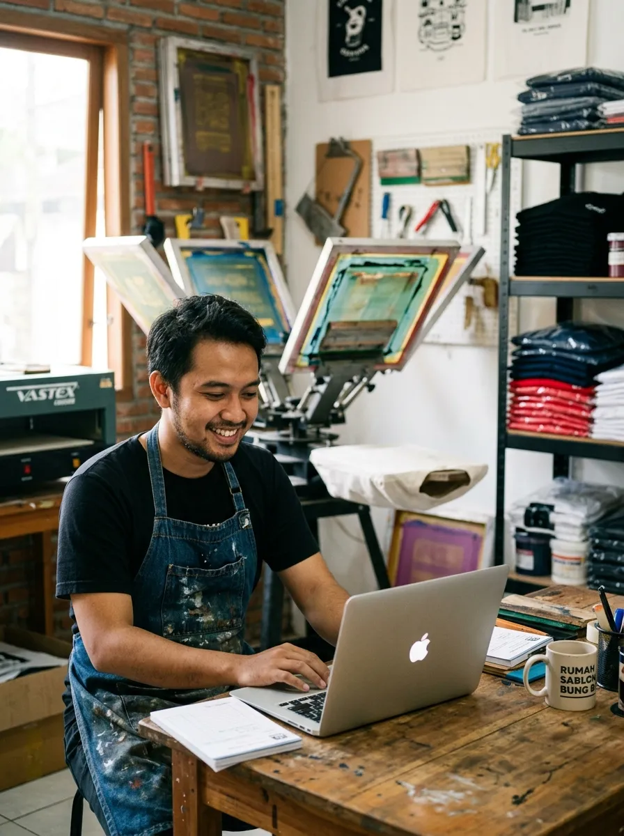 Pemilik sablon sedang mengelola pesanan